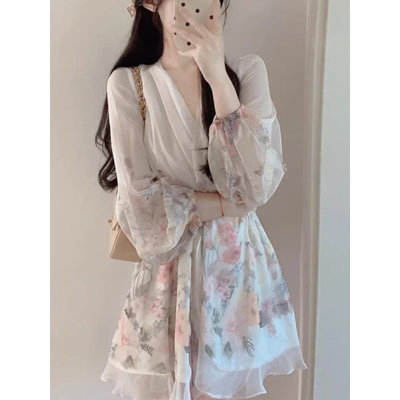 碎花V领收腰连衣裙 女夏季大码显瘦短裙 细节图1