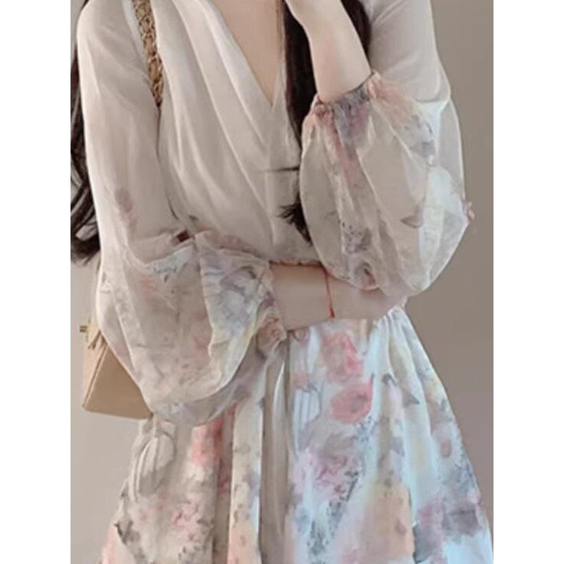 碎花V领收腰连衣裙 女夏季大码显瘦短裙 细节图2