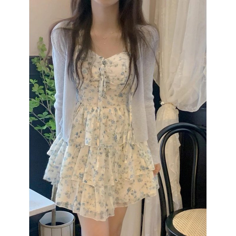 雪纺碎花吊带短裙 女夏季蓬蓬款蛋糕裙