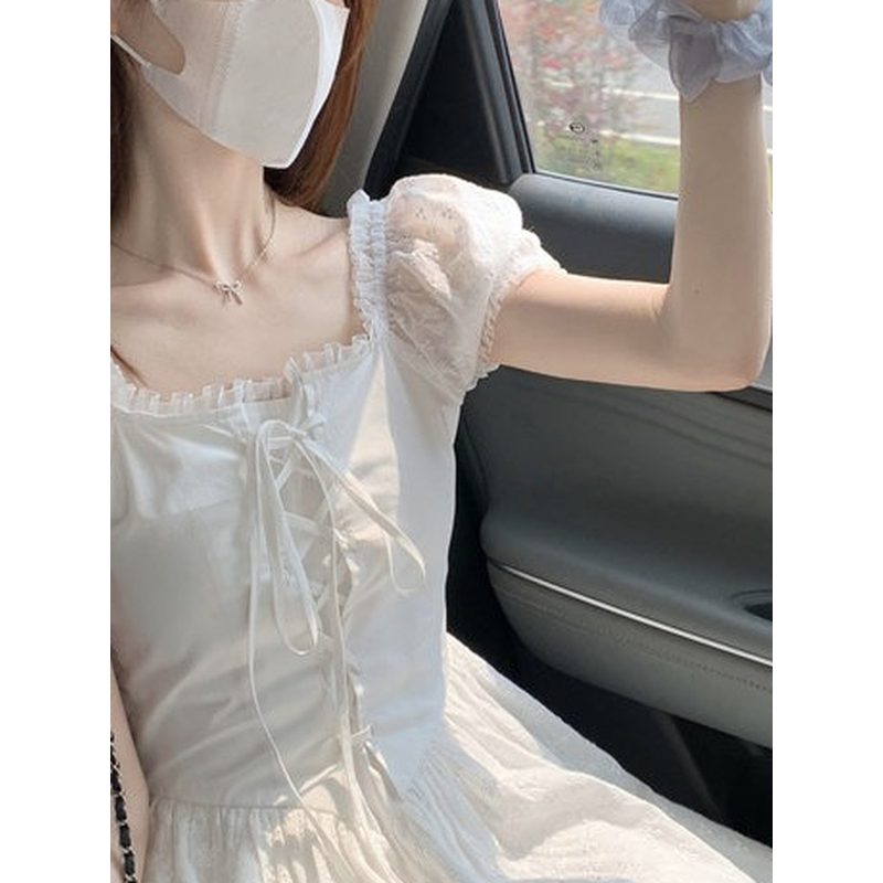 泡泡袖方领连衣裙 女夏季白色收腰长裙 细节图2