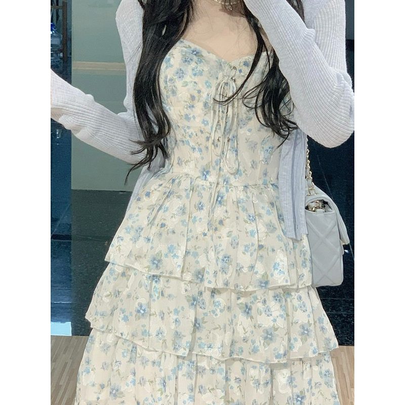 蓝色碎花吊带短裙 女夏季雪纺蛋糕短裙 细节图1